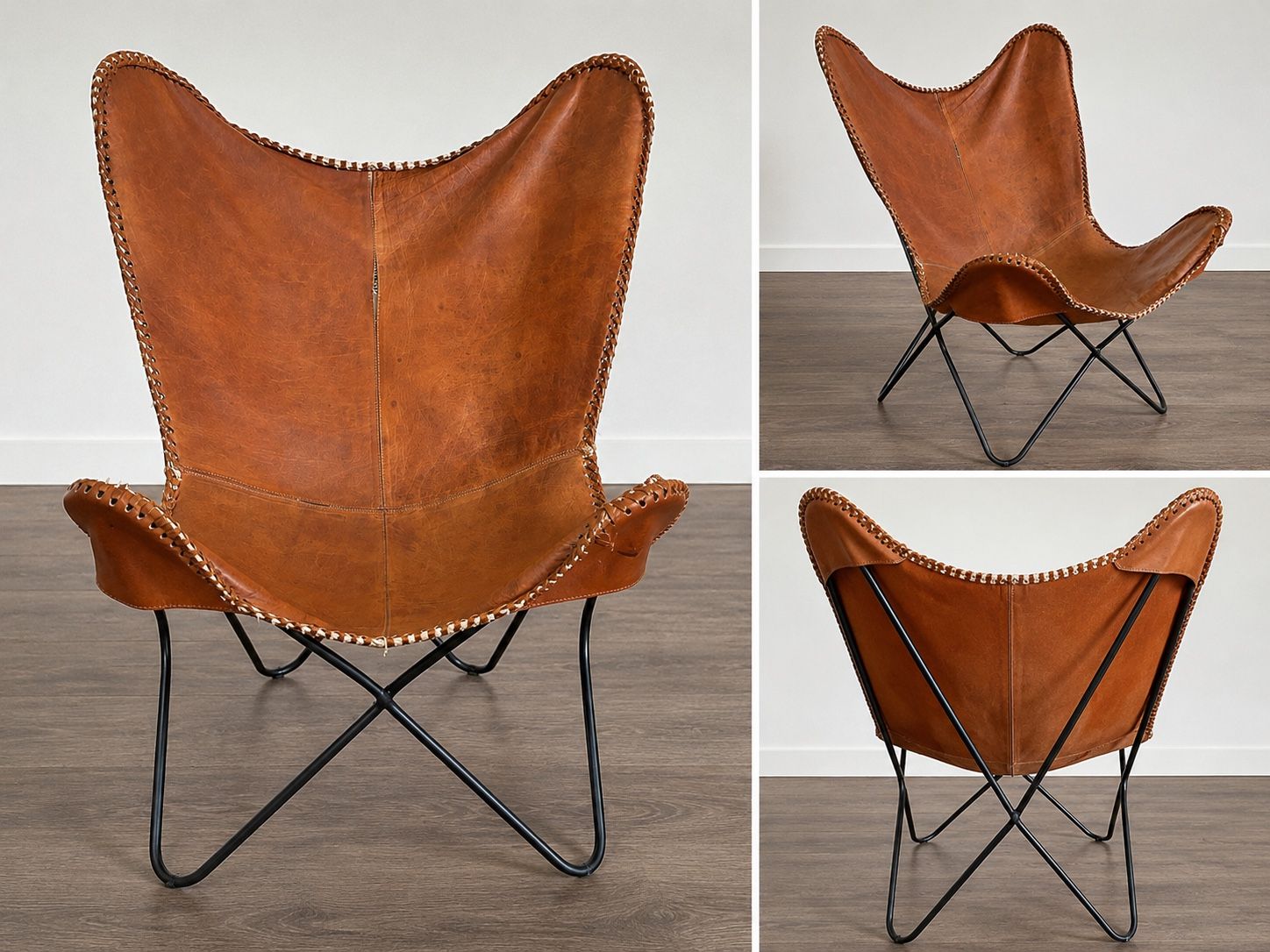Genuine Leather Butterfly Chair - Tan/Brown - Mid-Century Modern Style Accent Chair