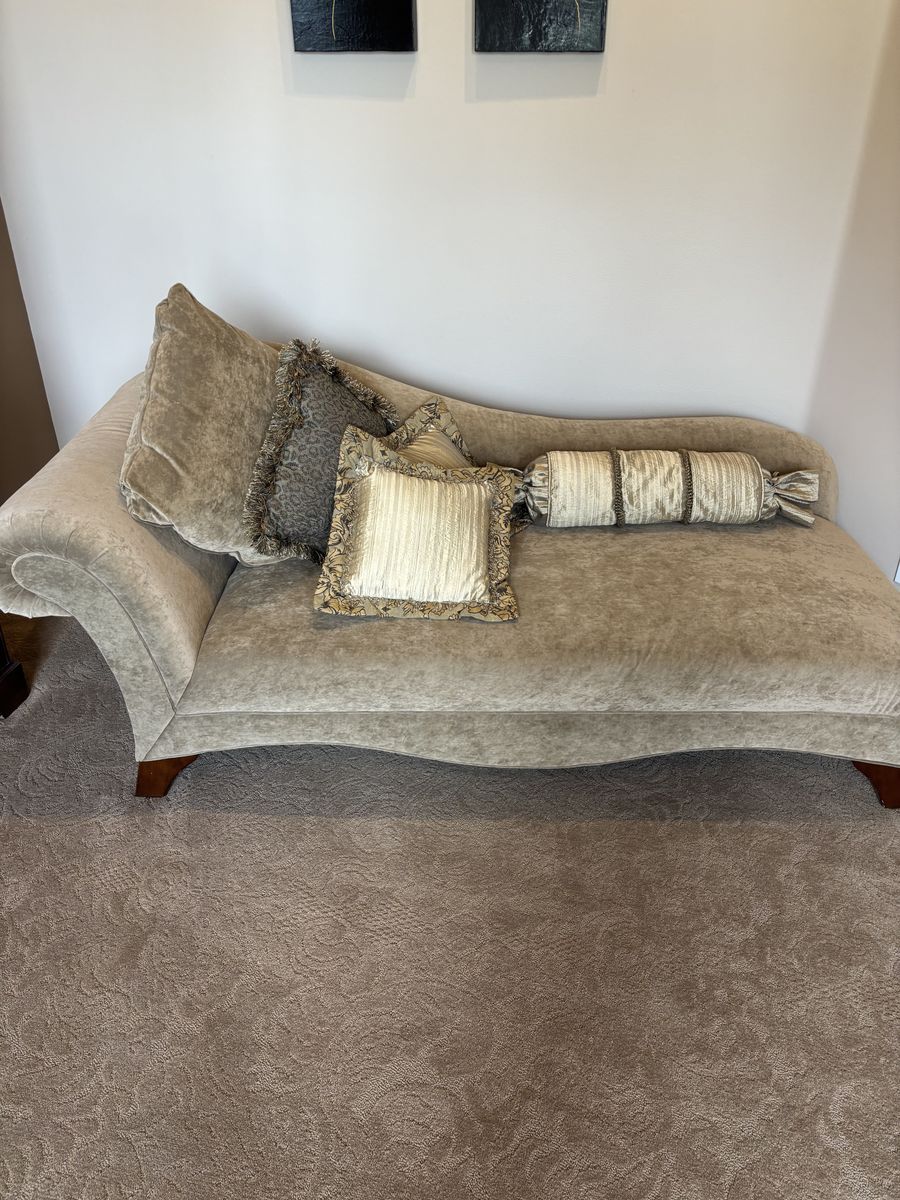 Elegant Velvet Chaise Lounge in Neutral Taupe with Decorative Pillows