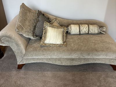 Elegant Velvet Chaise Lounge in Neutral Taupe with Decorative Pillows