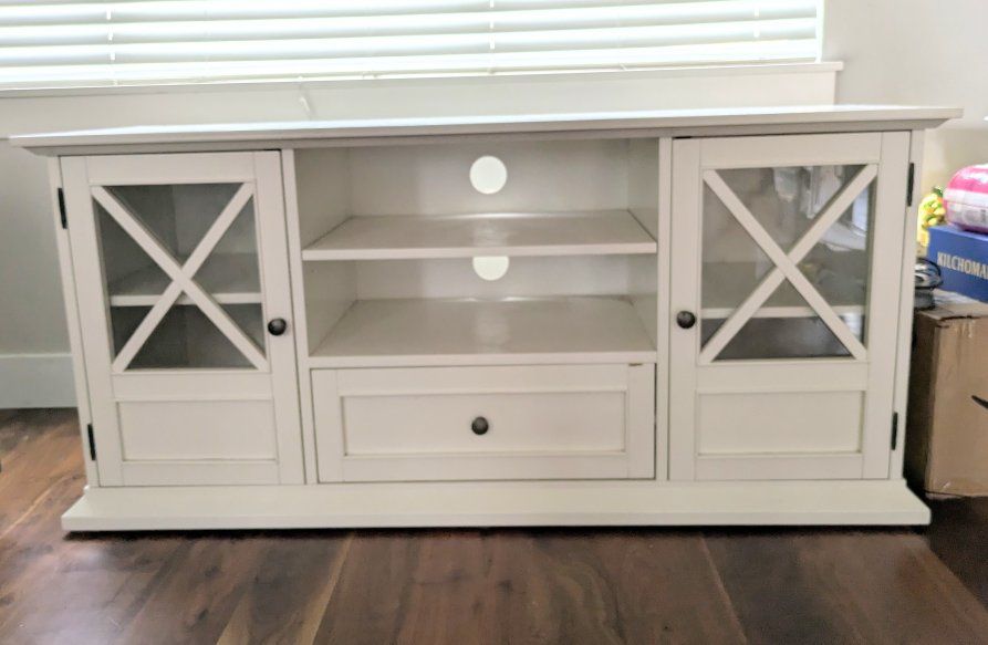 White Wood TV Stand Media Console with Glass Doors and Storage Drawer