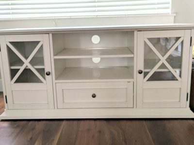 White Wood TV Stand Media Console with Glass Doors and Storage Drawer