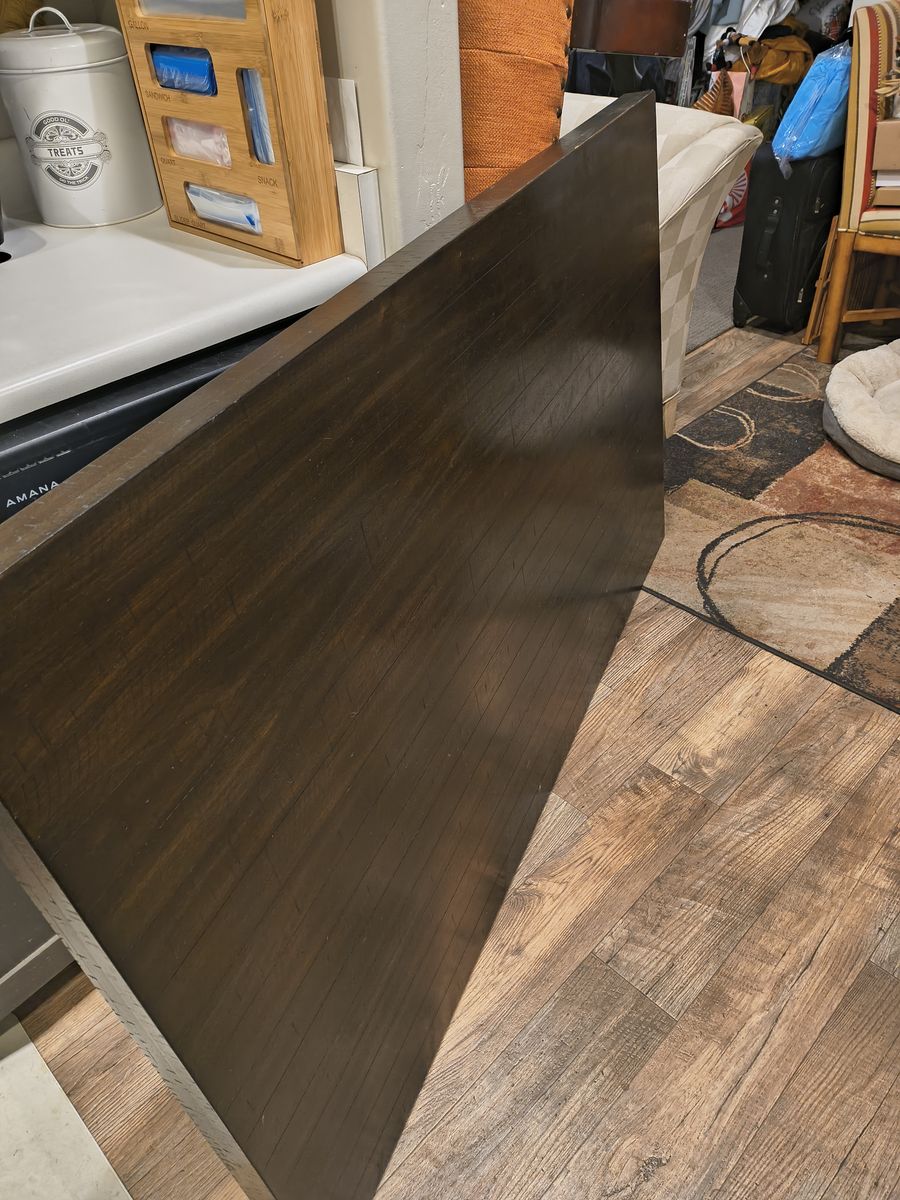 Dark Wood Table Top with Metal Square Legs and Hardware