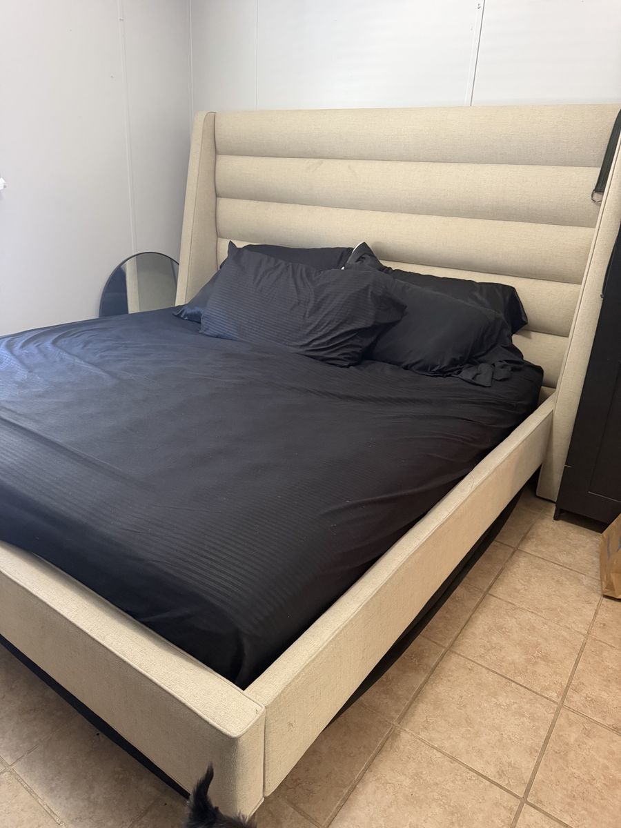 Beige Upholstered Platform Bed Frame with Tall Headboard - Cal King Size
