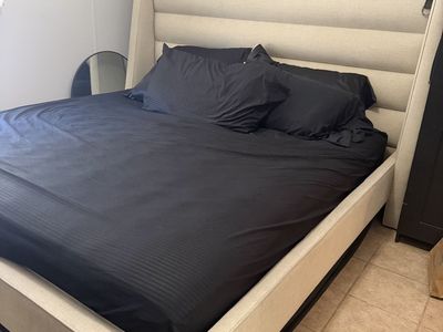 Beige Upholstered Platform Bed Frame with Tall Headboard - Cal King Size
