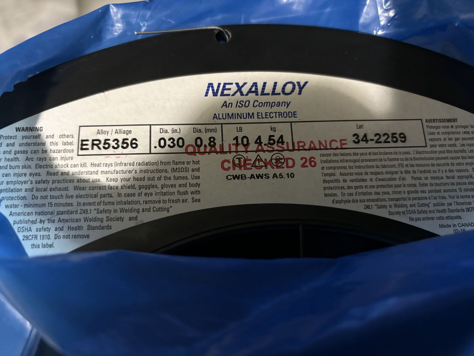 % NEXALLOY Aluminum Welding Wire ER5356 .030 dia. 10lb Roll