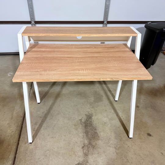 White and beech writing desk with shelf