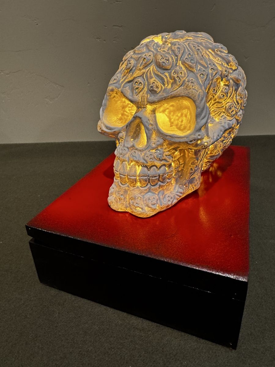Skull Lamp on Solid Wood Base  - Halloween / Gothic LED Light