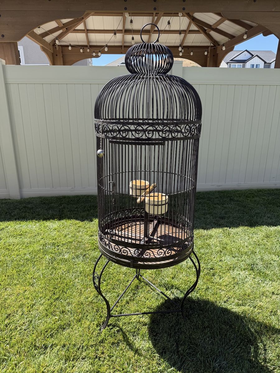 Vintage Ornate Wrought Iron Birdcage with Stand 