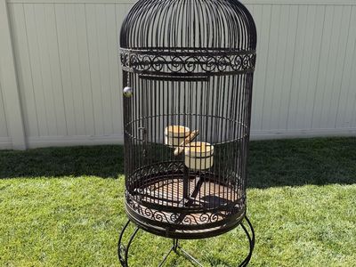 Vintage Ornate Wrought Iron Birdcage with Stand