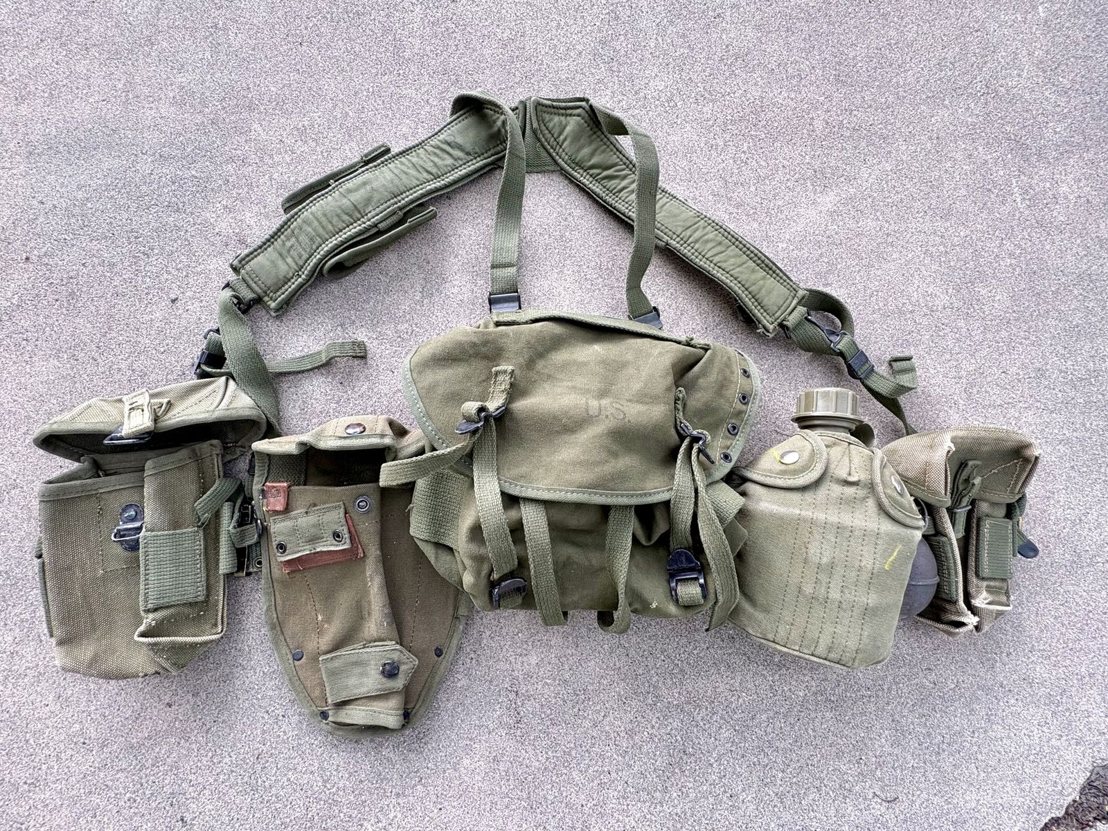 Vintage U.S. military  Vietnam War-era infantryman's M-1956 Load-Carrying Equipment (LCE) set.