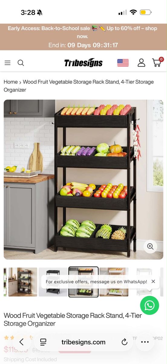 Tribesigns 4-Tier Wood Fruit & Vegetable Storage Rack Stand, Black