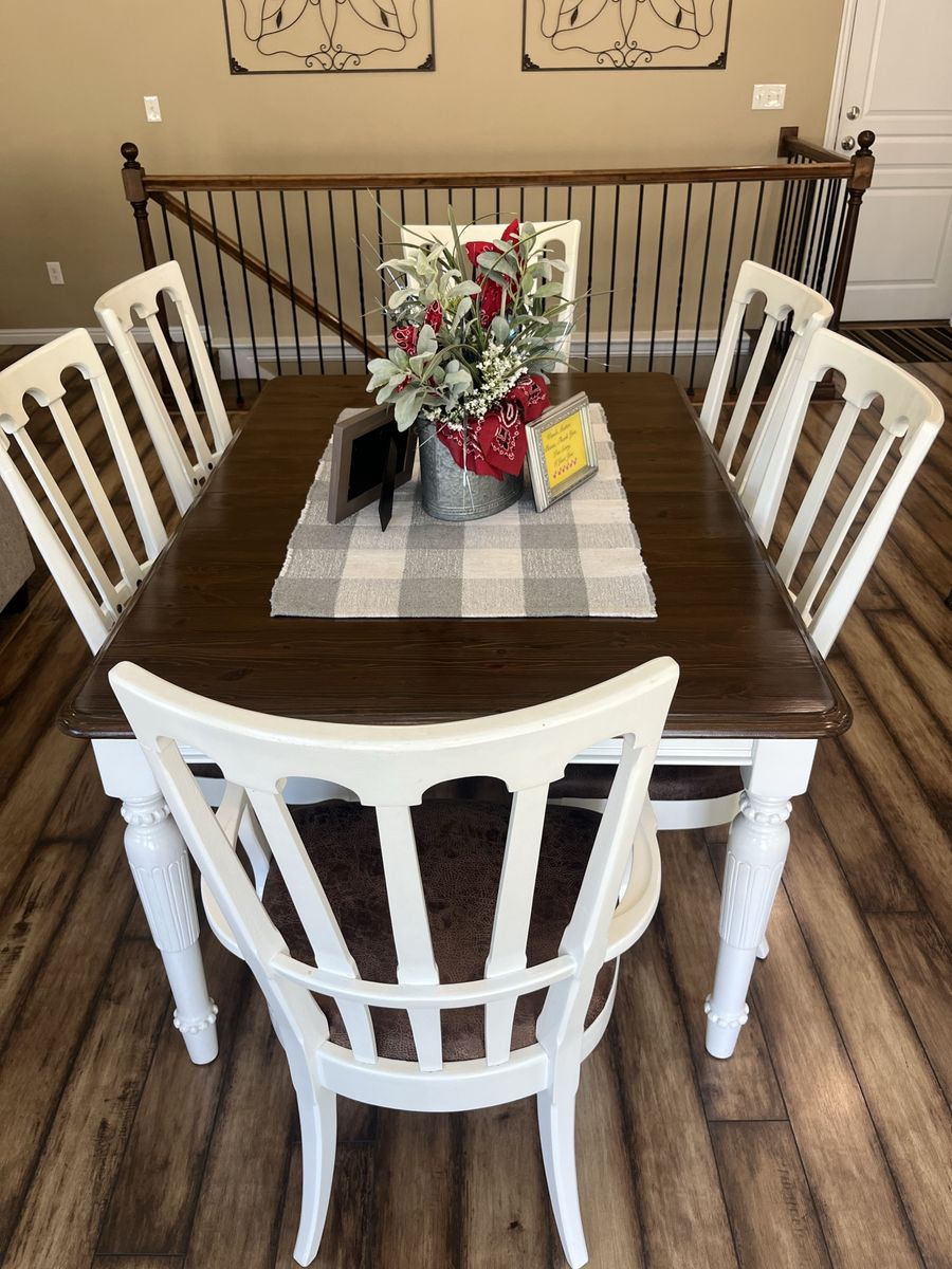 Farmhouse Dining Table Set with 6 White Spindle Back Chairs - Dark Wood Top