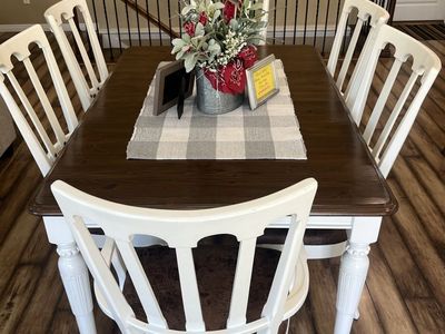Farmhouse Dining Table Set with 6 White Spindle Back Chairs - Dark Wood Top