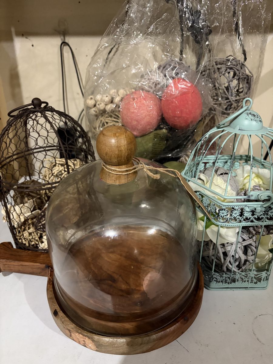Rustic Glass Cloche Dome with Wooden Base and Home Decor Accessories