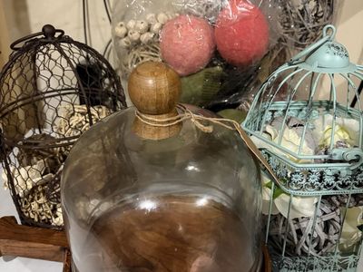 Rustic Glass Cloche Dome with Wooden Base and Home Decor Accessories