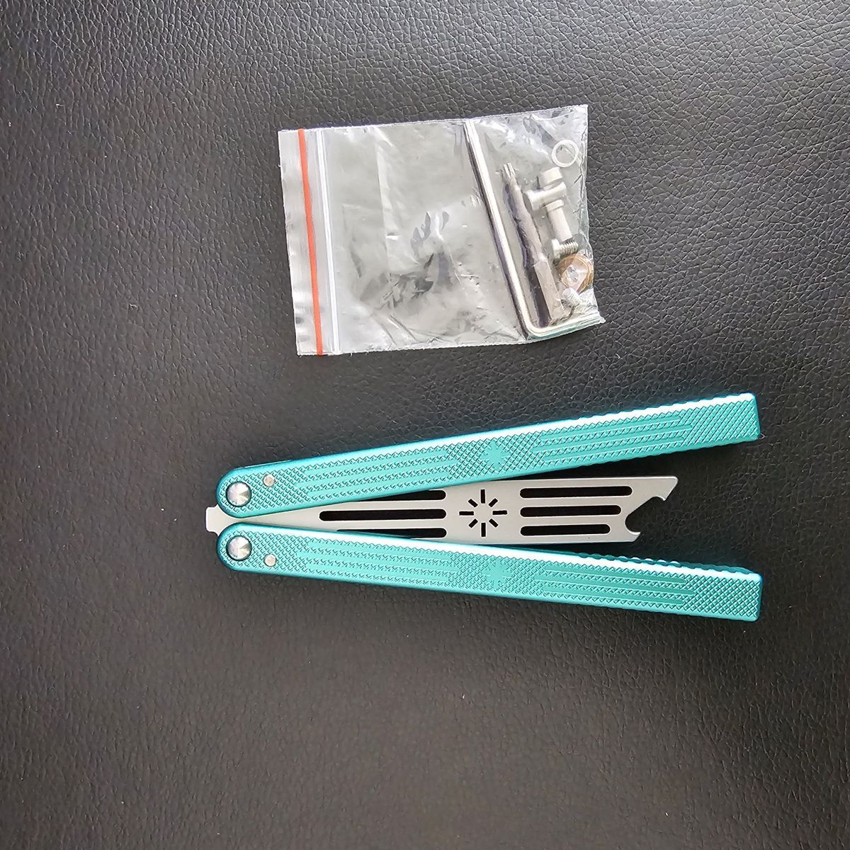 Marcolo C116 V2 Cyan - Balisong Butterfly Knife Trainer with Bottle Cap Opener - Brand new - DULL Blade NOT Sharp