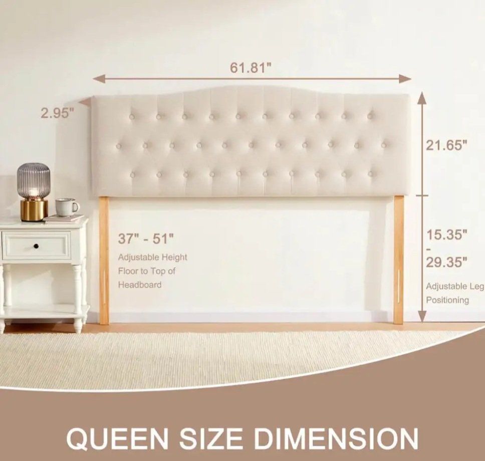 QUEEN SIZE TUFTED UPHOLSTERED HEADBOARD – ADJUSTABLE HEIGHT – BEIGE