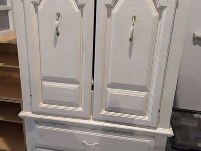 White Wooden Armoire Cabinet with Drawers and Shelves
