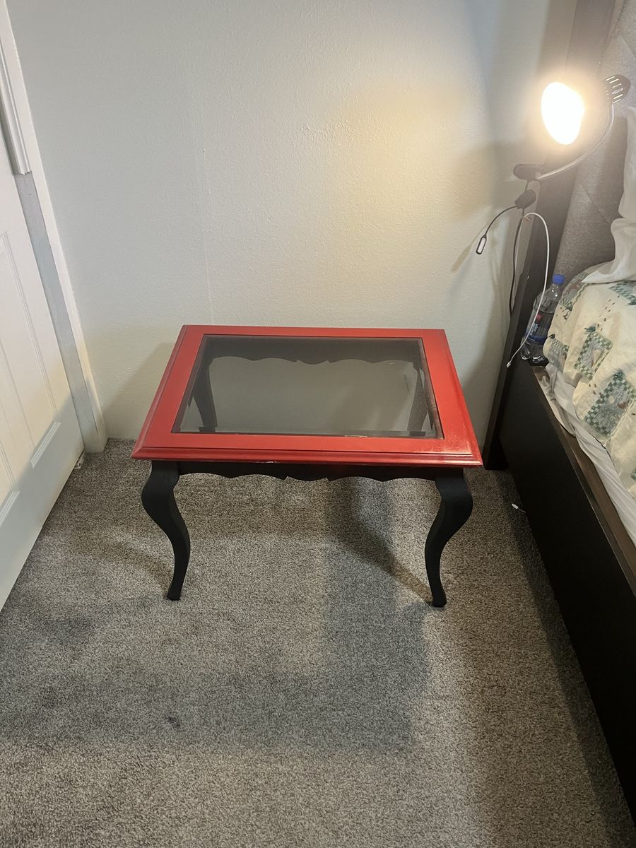 Red and Black Glass Top Accent Table / End Table - Unique Design