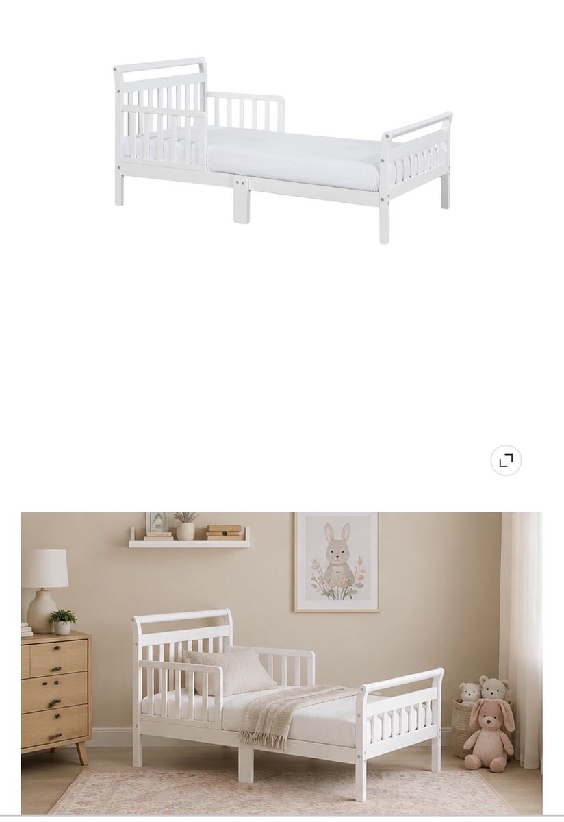 White Sleigh Toddler Bed with Safety Rails and Pine Wood Construction