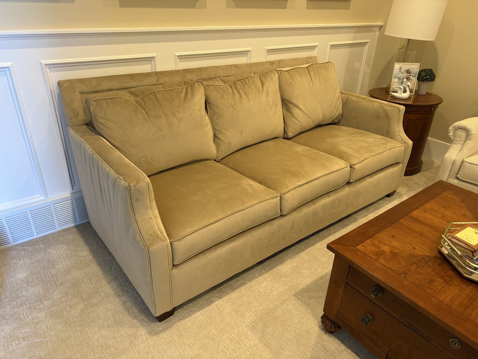 Custom made Tan Couch from Mayo Furniture in Texas with Rolled Arms & Removable Cushions