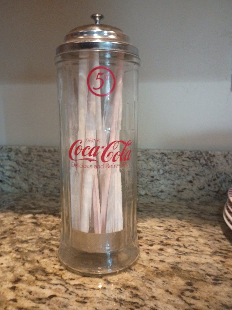 Vintage Coca-Cola Glass Straw Dispenser with Metal Lid