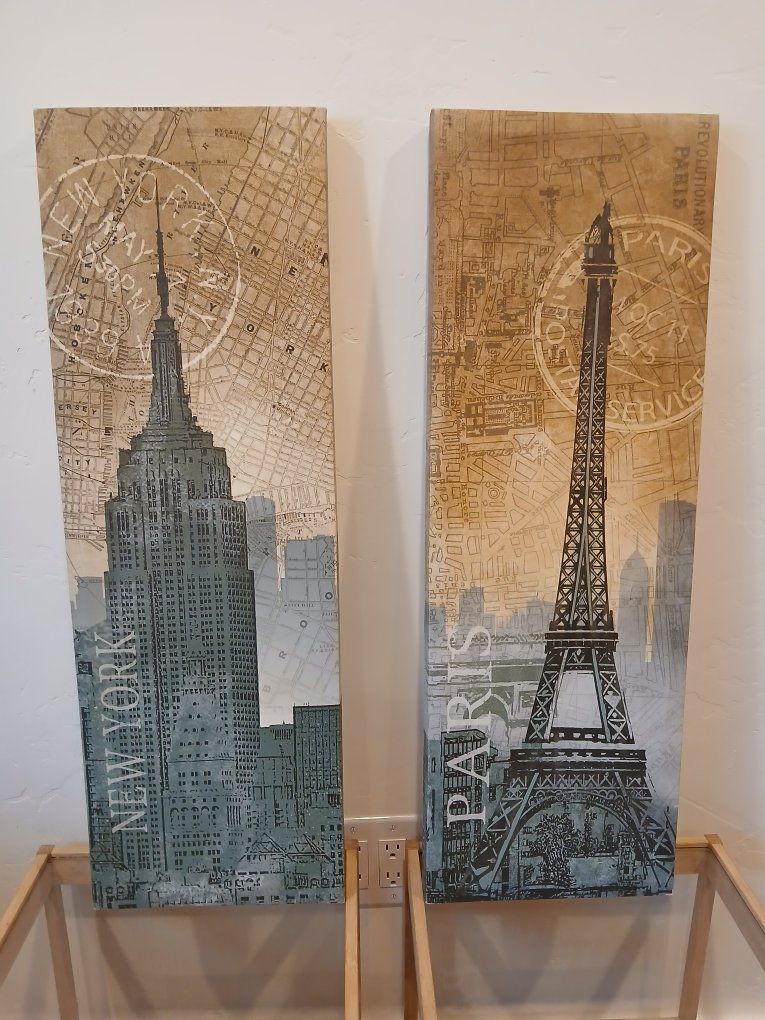 New York & Paris Canvas Wall Art Set - Empire State Building & Eiffel Tower Prints (2-Piece)
