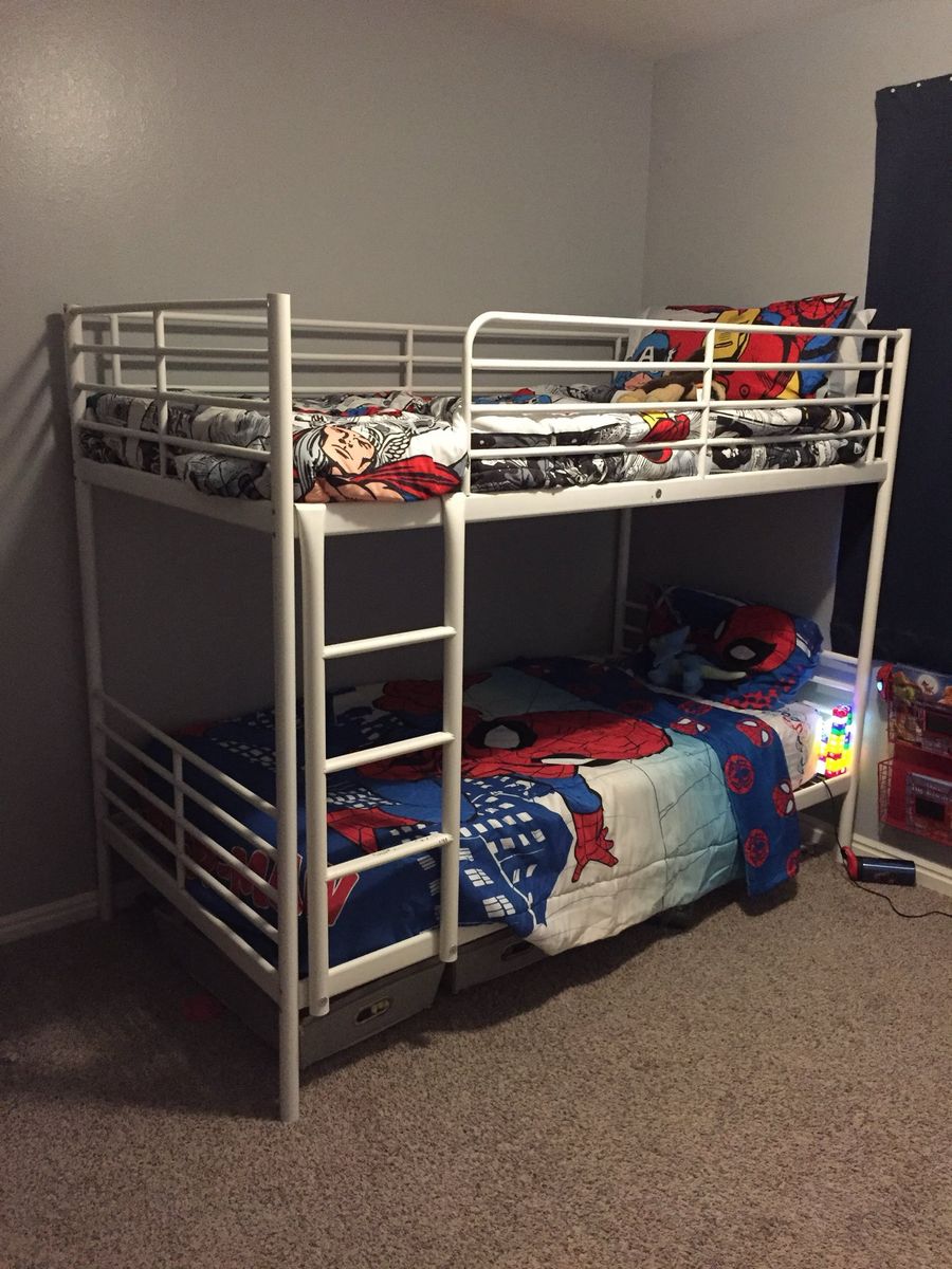 Sturdy White Metal Bunk Bed Frame - Space-Saving Twin Over Twin Design with Ladder