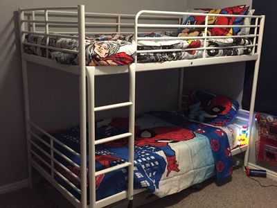 Sturdy White Metal Bunk Bed Frame - Space-Saving Twin Over Twin Design with Ladder