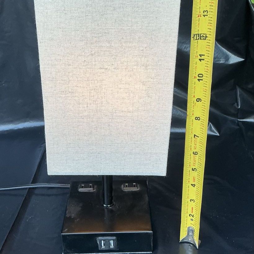 Modern Table Lamp with USB Ports & AC Outlets - Tan Fabric Shade, Black Base