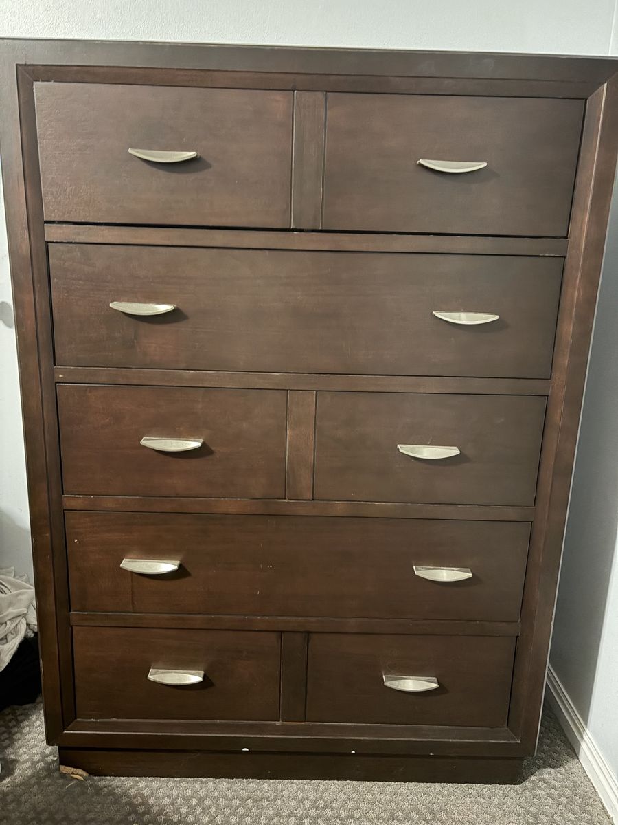 Dark Brown Wood Tall Dresser Chest of Drawers with Silver Handles