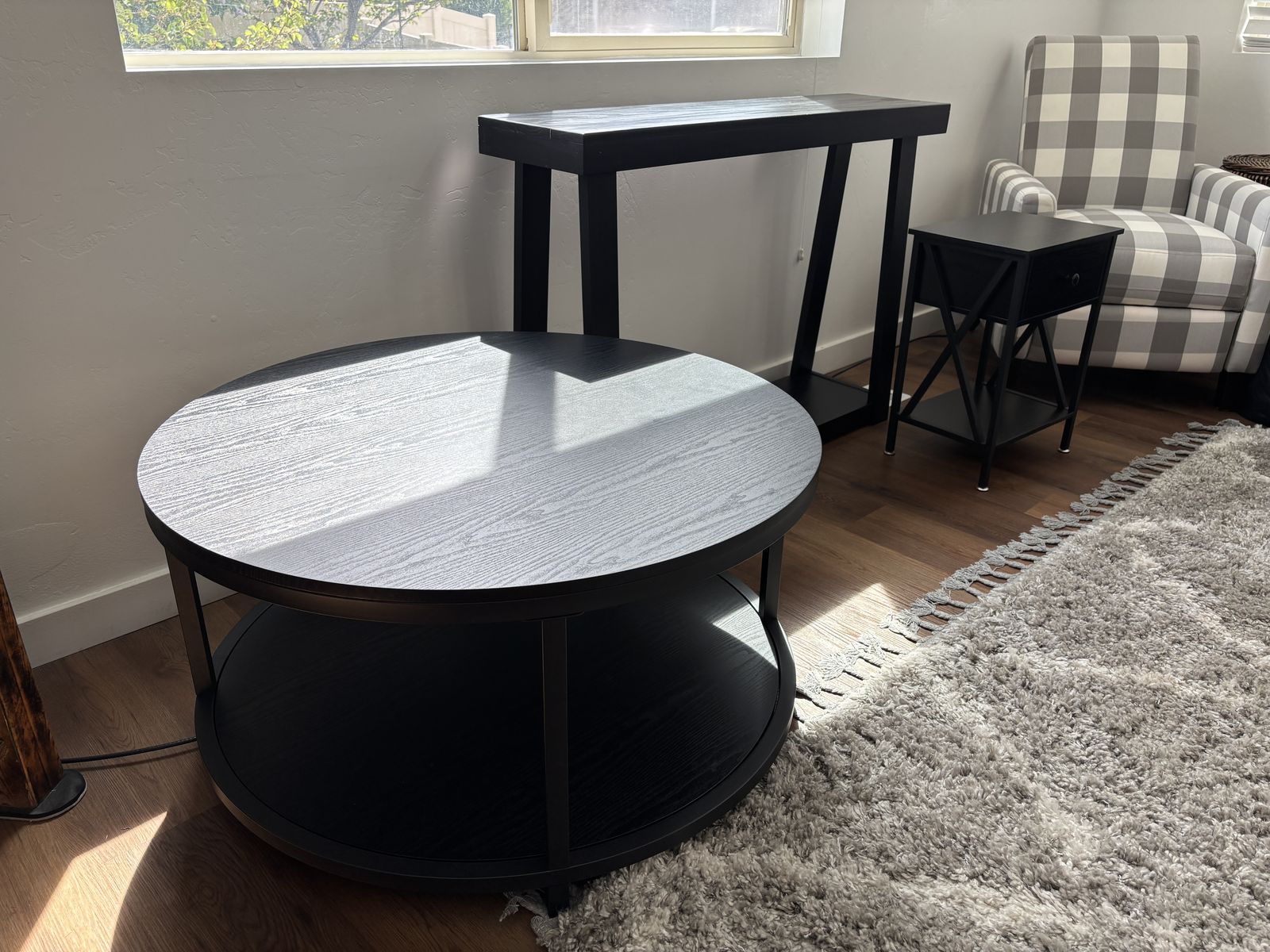 BLACK FURNITURE BUNDLE: 1x Nightstand + 1x (Round) Coffee Table + 1x Entry Table