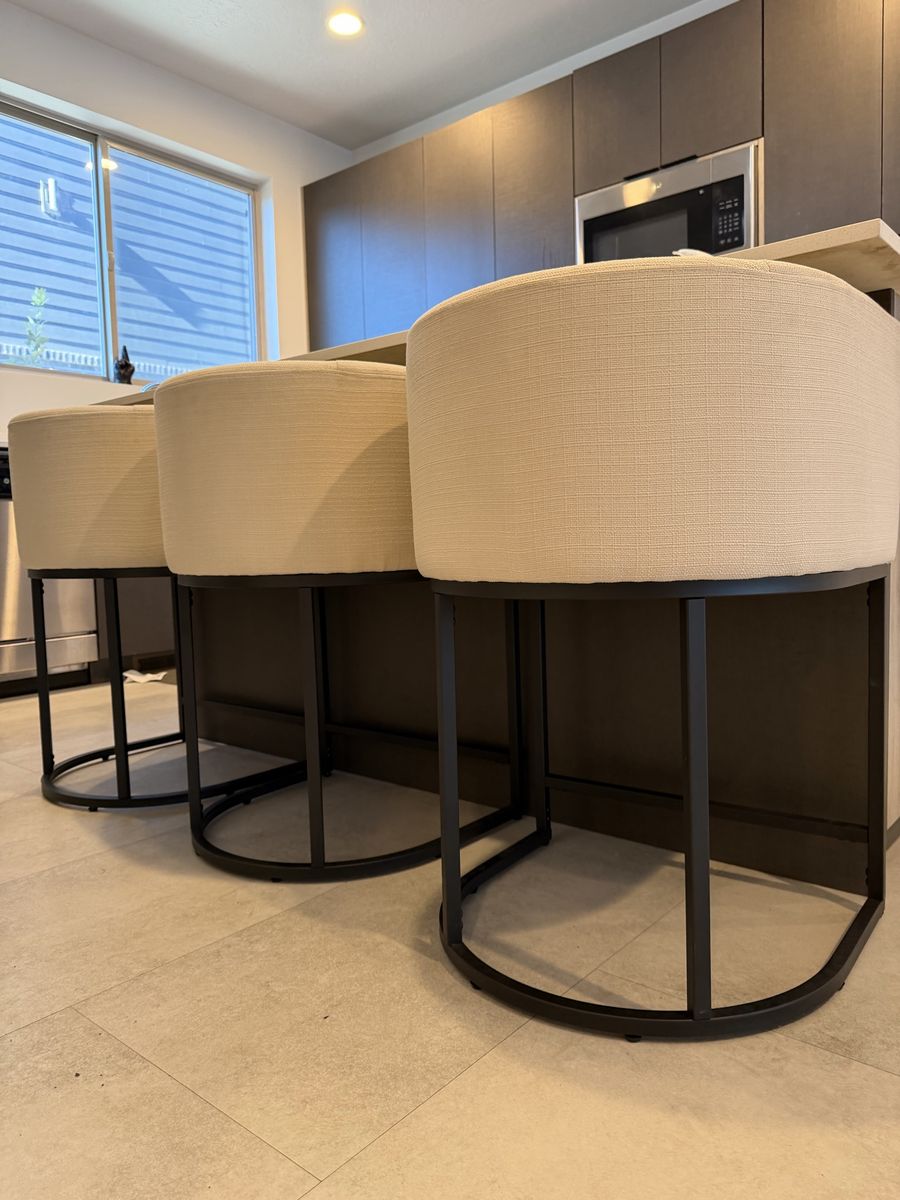 Set of 3 Modern Curved Upholstered Counter Height Stools - Beige Fabric & Black Metal Base