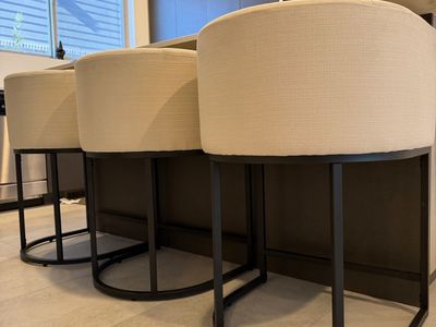 Set of 3 Modern Curved Upholstered Counter Height Stools - Beige Fabric & Black Metal Base