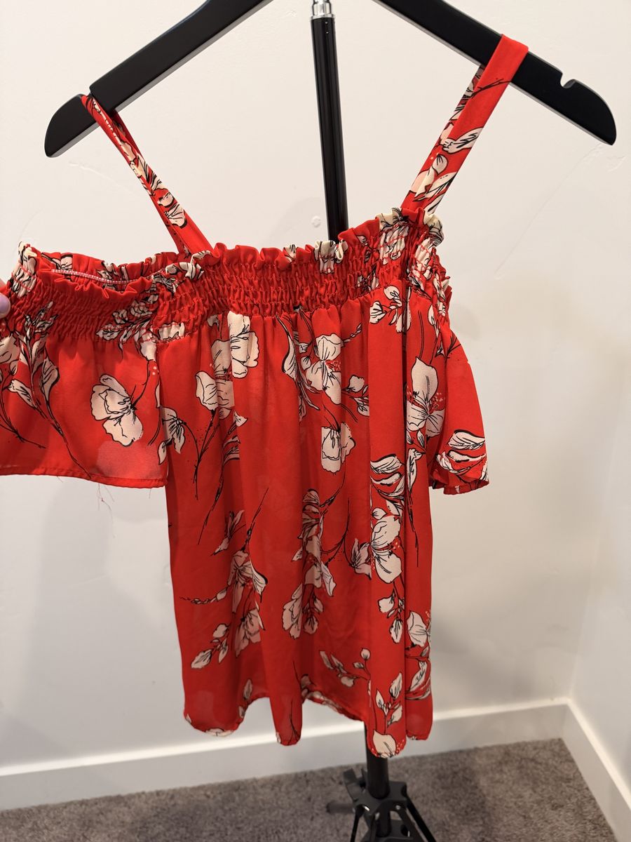 Red Cold Shoulder Floral Blouse Top Small