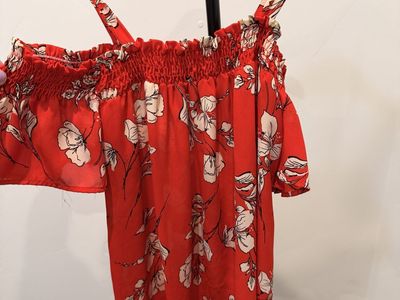 Red Cold Shoulder Floral Blouse Top Small
