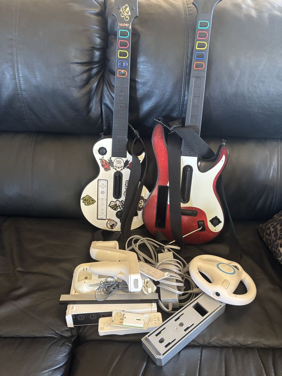 Wii Guitar Hero Rock Band Game Bundle: 2 Guitars, Drums, Controllers & Accessorie