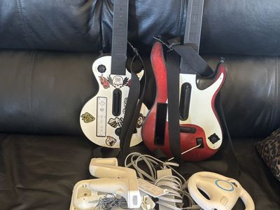Wii Guitar Hero Rock Band Game Bundle: 2 Guitars, Drums, Controllers & Accessorie