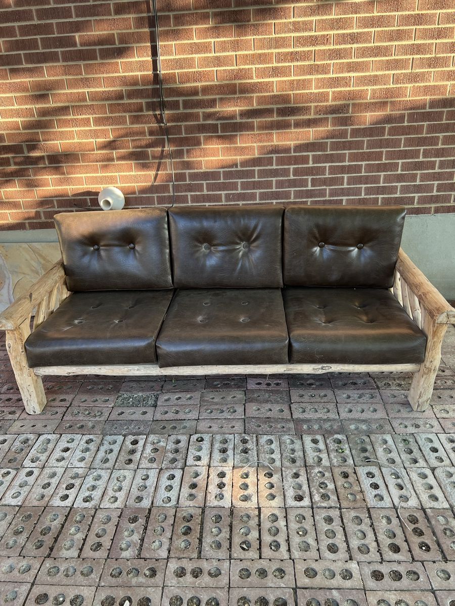 Rustic Log Furniture Set - 2 Couches, 2 Chairs (Swivel/Rocker), Footstool w/ Mahogany Cushions