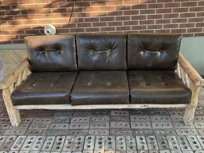 Rustic Log Furniture Set - 2 Couches, 2 Chairs (Swivel/Rocker), Footstool w/ Mahogany Cushions