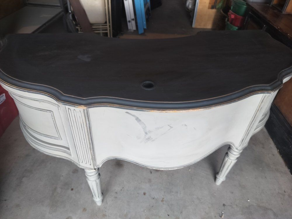 Vintage French Provincial Style Executive Writing Desk - Gray & Black