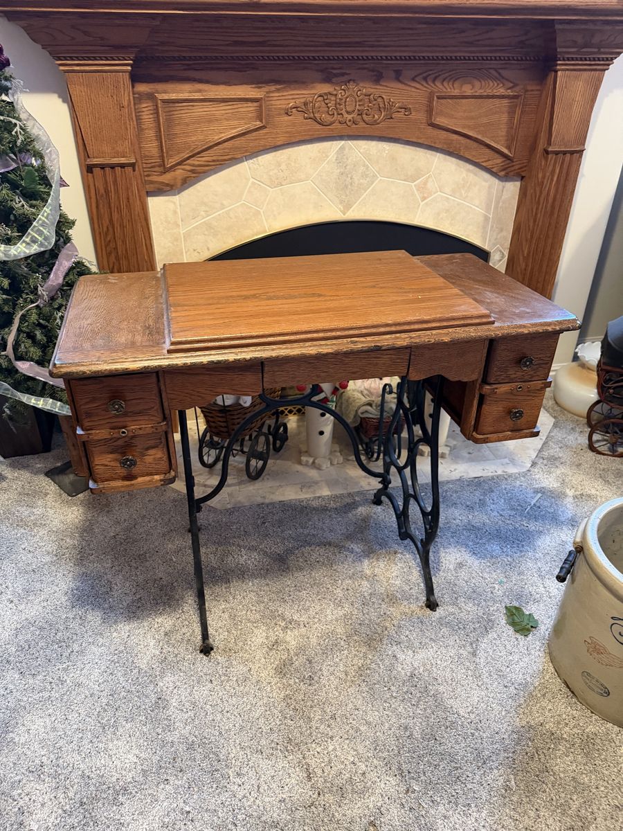 Vintage Oak Sewing Machine Cabinet (no machine) Desk with Cast Iron Treadle Base and Drawers