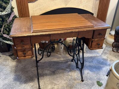 Vintage Oak Sewing Machine Cabinet (no machine) Desk with Cast Iron Treadle Base and Drawers