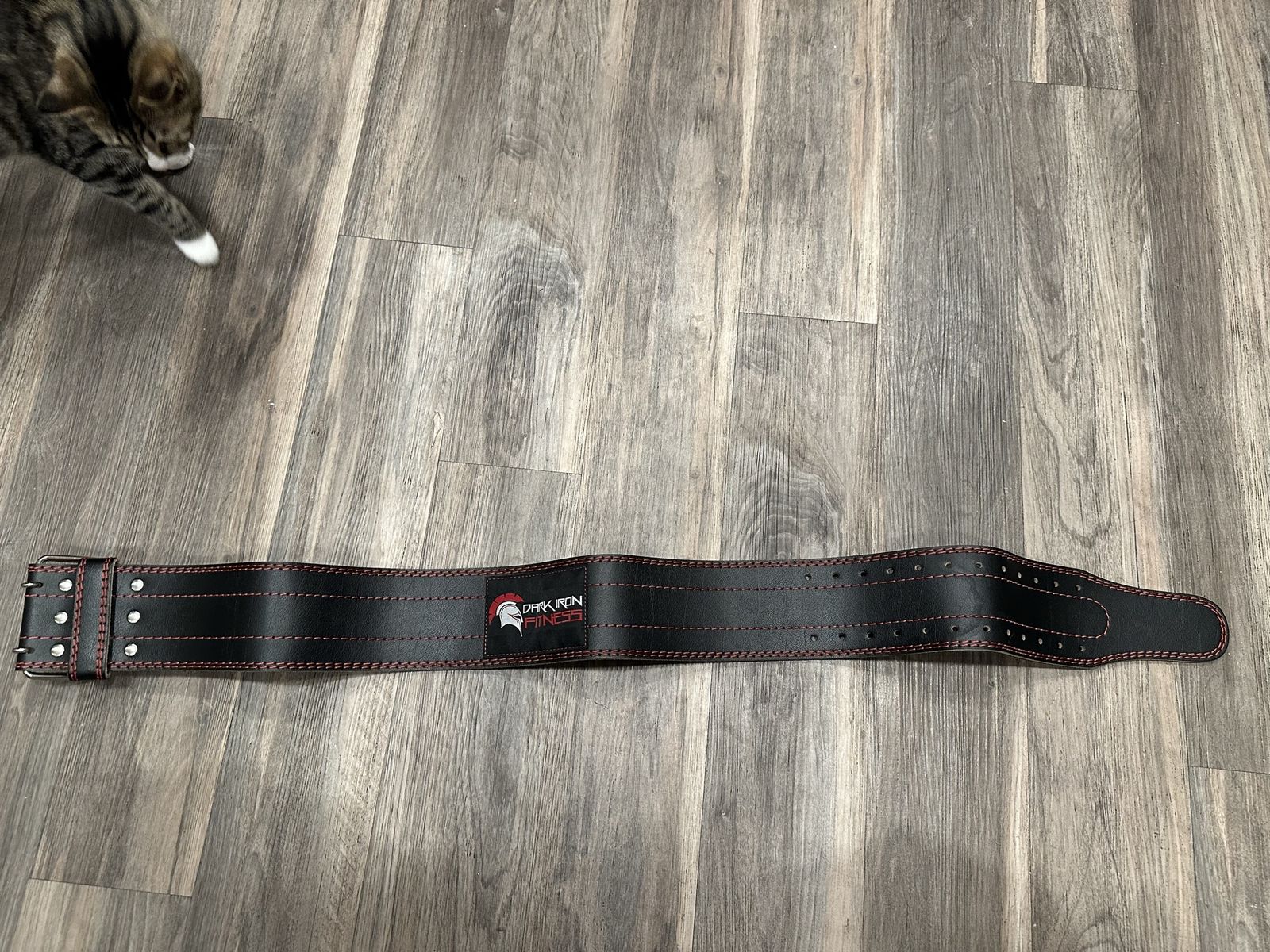 Spartan Fitness Leather Weightlifting Belt - Black with Red Stitching, Double Prong Buckle