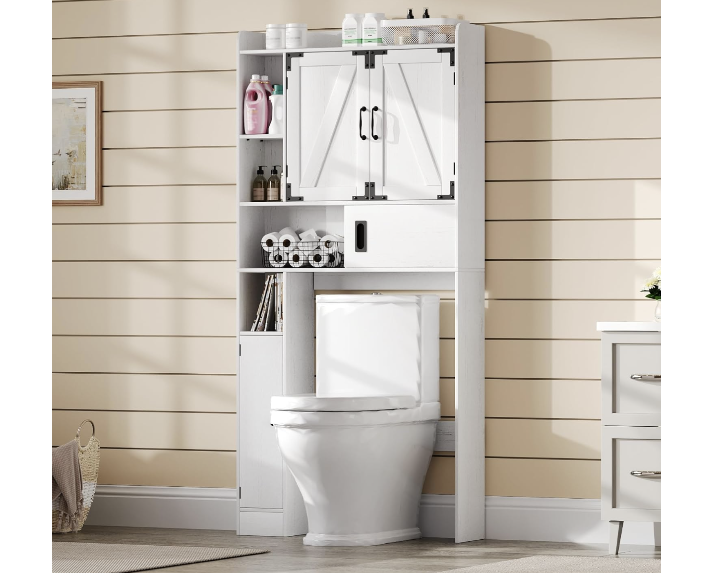 New in Box Over The Toilet Storage Cabinet, Farmhouse Bathroom Shelf Over Toilet with Adjustable Shelves