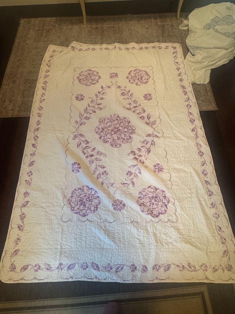 Handmade White Quilt with Purple Floral Cross-Stitch Embroidery Vintage 63 x89