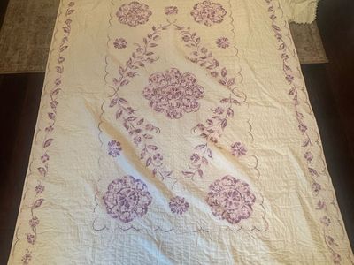 Handmade White Quilt with Purple Floral Cross-Stitch Embroidery Vintage 63 x89