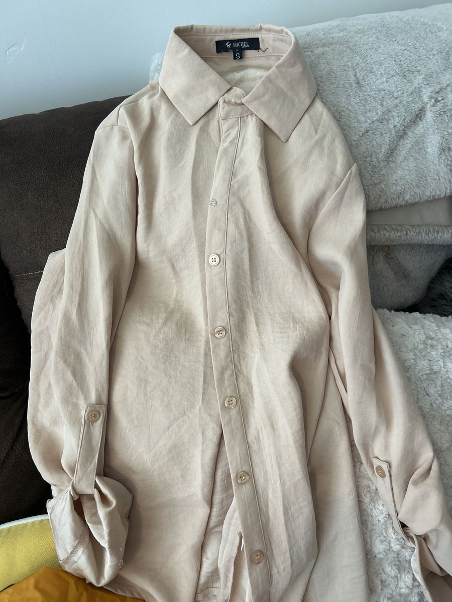 MICHEL Women's Size S beige Long Sleeve Button-Up Shirt with Roll-Tab Sleeves