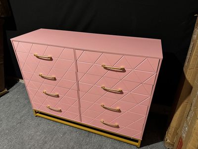 Modern Pink Dresser with 8 Drawers & Geometric Design Gold Handles & Base