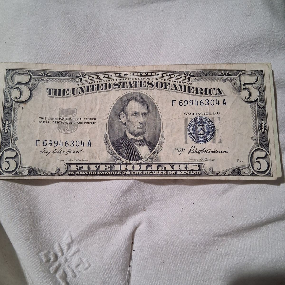Vintage 1953 A Series $5 Five Dollar Silver Certificate Lincoln Note